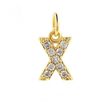 Brass Cubic Zirconia Pendants with Jump Rings, Real 18K Gold Plated, Letter X, 13x10x2.2mm, Hole: 2.8mm