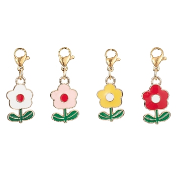 Flower Zinc Alloy Enamel Pendant Decoration, with 304 Stainless Steel Lobster Claw Clasps, Mixed Color, 30mm