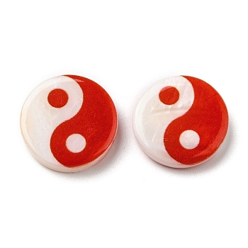 Printed Natural Freshwater Shell Beads, Yin Yang Flat Round Beads, Red, 15x3~3.5mm, Hole: 0.7mm
