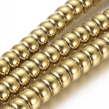 Non-magnetic Synthetic Hematite Beads Strands, Vacuum Plating, Rondelle, Golden Plated, 6x3.5mm, Hole: 1mm, about 111pcs/Strand, 15.75 inch(40cm)
