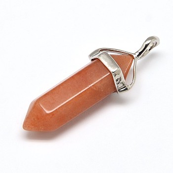 Natural Red Aventurine Double Terminated Pointed Pendants, with Random Alloy Pendant Hexagon Bead Cap Bails, Bullet, Platinum, 36~45x12mm, Hole: 3x5mm, Gemstone: 10mm in diameter