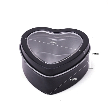 Tinplate Tins Gift Boxes with Clear Window Lid, Heart Storage Box, Black, 6x5.9x2.7cm