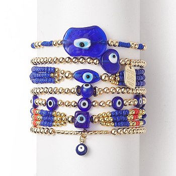 7Pcs 7 Style Evil Eye Lampwork & Glass Seed & Brass Beaded Stretch Bracelets Set for Women, Alloy Word Charms Stackable Bracelets for Women, Blue, Inner Diameter: 2~3-1/2 inch(5.2~8.8cm), 1Pc/style