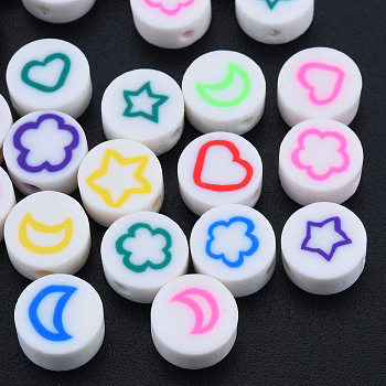 Handmade Polymer Clay Beads, Flat Round with Heart & Moon & Star & Flower, Mixed Color, 9~9.5x4~5mm, Hole: 1.6mm