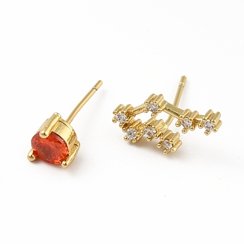 Cubic Zirconia Constellation Asymmetrical Earrings, Real 18K Gold Plated Brass Stud Earrings, Cadmium Free & Lead Free, Gemini, 7.5x14.5mm, 6x6mm, Pin: 0.7mm