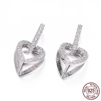 Rhodium Plated 925 Sterling Silver Pendant Bails, with Cubic Zirconia, with 925 Stamp, Ice Pick Pinch Bails, Heart, Clear, Platinum, 10.5x9x9mm, Hole: 3.5x2.5mm, Pin: 1mm, Inseam Length: 7x6mm