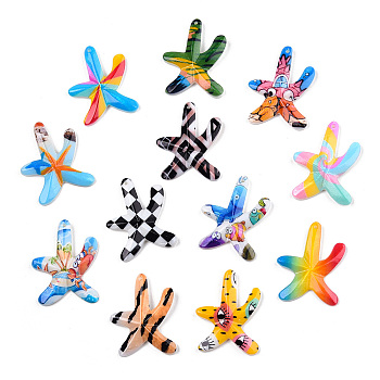 Printed Natural Freshwater Shell Pendants, Starfish Charms, Mixed Color, Mixed Patterns, 38~40x29.5~30.5x4~5mm, Hole: 1.5mm