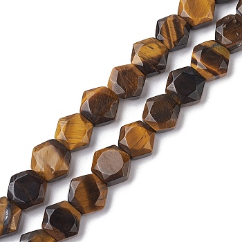 Natural Tiger Eye Beads Strands, Faceted Hexagonal Cut, Hexagon, 8~8.5x9~9.5x4~4.5mm, Hole: 1mm, about 25pcs/strand, 8.11''(20.6cm)