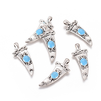 Antique Silver Plated Alloy Pendants, with Enamel, Scabbard, Sky Blue, 27x11x3mm, Hole: 1.6mm