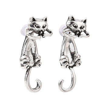 Alloy Cat Front Back Stud Earrings for Women, Antique Silver, 25mm, Pin: 0.7mm