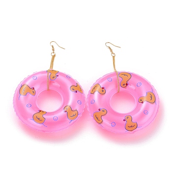 Resin Dangle Earrings, with Light Gold Iron Earring Hooks, Swim Ring with Duck Pattern, Hot Pink, 136mm, Pin: 0.5mm