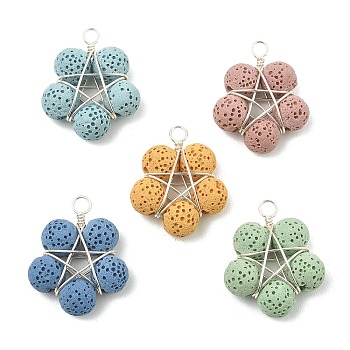 5Pcs 5 Colors Natural Lava Rock Dyed Beaded Pendants, Silver Color Plated Copper Wire Wrapped Star Charms, Mixed Color, 25.5~27x21.5~22x8.5mm, Hole: 2.7~3mm, 1pc/color