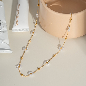 304 Stainless Steel Imitation Pearl Beaded White Flower Link Chain Necklaces for Women, Real 18K Gold Plated, 15.75 inch(40cm)