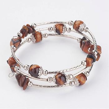 Three Loops Wrap Natural Tiger Eye Beads Bracelets, with Brass Tube Bead, Iron Bead Spacers, Tibetan Style Bead Caps, 2-1/8 inch(54mm)