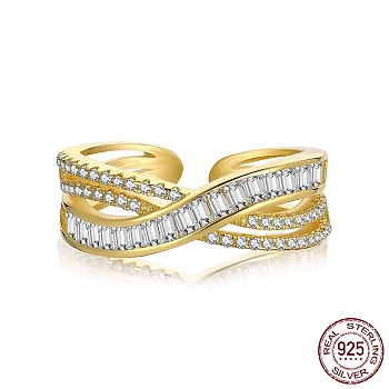 925 Sterling Silver Criss Cross Open Cuff Rings with Cubic Zirconia, Golden, 7mm, US Size 7(17.3mm)
