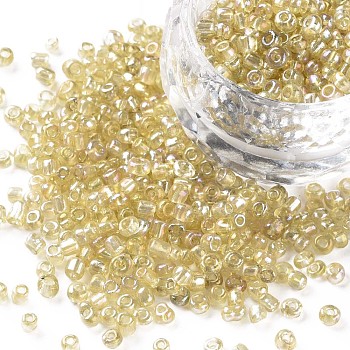 (Repacking Service Available) Round Glass Seed Beads, Transparent Colours Rainbow, Round, Pale Goldenrod, 8/0, 3mm, about 12g/bag