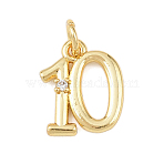 Brass Micro Pave Clear Cubic Zirconia Charms, Number 10, with Jump Ring, Cadmium Free & Lead Free, Rack Plating, Long-Lasting Plated, Real 18K Gold Plated, 14~15x4.5~11x2mm, Hole: 3mm(KK-P339-27G-10)
