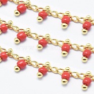 Handmade Glass Beaded Chains, Soldered, with Spool, Brass Chain, Golden, Long-Lasting Plated, Red, 6x2mm, Chain: about 2mm wide, about 32.8 Feet(10m)/roll(CHC-I026-H-04G)