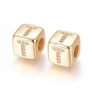 Brass Micro Pave Cubic Zirconia European Beads, Horizontal Hole, Large Hole Beads, Long-Lasting Plated, Cube with Letter, Golden, Clear, Letter.T, 9x9x9.5mm, Hole: 4.5mm(ZIRC-G162-13G-T)