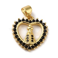 Rack Plating Brass Micro Pave Black Cubic Zirconia Pendants, Long-Lasting Plated, Lead Free & Cadmium Free, Heart with Saint Charm, Real 18K Gold Plated, 17x16x3.5mm, Hole: 5x3.5mm(KK-F853-02G)