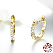 925 Sterling Silver Cubic Zirconia Hoop Earrings, with 925 Stamp, Ring, Clear, Real 18K Gold Plated, 13mm(EJEW-FF0010-15G)