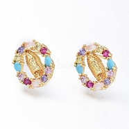Brass Micro Pave Cubic Zirconia Ear Studs, Long-Lasting Plated, Oval with Virgin Mary, Golden, Colorful, 13x11mm, Pin: 0.8mm(EJEW-G279-03G-02)