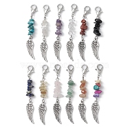Natural & Synthetic Gemstone Chips Pendant Decorations, with Alloy Lobster Claw Clasps and Wing Pendant, 78~79mm, 12pcs/set.(HJEW-JM01147)