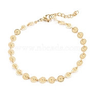 Vacuum Plating 304 Stainless Steel Link Chain Bracelets, Flat Round with Flower, Golden, 7-1/4 inch(18.5cm)(BJEW-M205-01G)