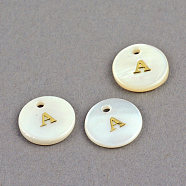 Freshwater Shell Pendants, Flat Round with Gold Blocking Letter.A, 11.5x2mm, Hole: 1.5mm(X-SSHEL-S249-A)