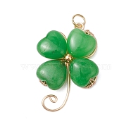 Dyed Natural Malaysia Jade Copper Wire Wrapped Shamrock Pendants, Four-leaf Clover Charms with Jump Rings, Golden, 34x20.5x6.5mm, Hole: 3mm(PALLOY-JF02972-02)