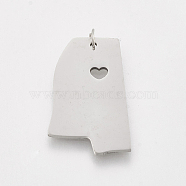 201 Stainless Steel Pendants, Map of Mississippi, Stainless Steel Color, 25.5x16x1mm, Hole: 3mm(STAS-T038-67)