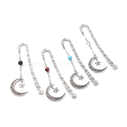 Tibetan Style Alloy Hook Bookmarks, Star & Moon Pendant Bookmark, with Gemstone Beads, 304 Stainless Steel Cable Chains, 125mm(AJEW-JK00194)