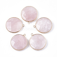 Natural Rose Quartz Pendants, with Brass Findings, Faceted, Flat Round, Golden, 35.5x31x8mm, Hole: 2mm(G-S344-54)