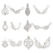 12Pcs 6 Styles Rack Plating Brass Cage Pendants, for Chime Ball Charms Necklaces Making, Platinum, 21~33.5x11.523x10.5~17.5mm, Hole: 2~6x2.5~8.5mm, inner measure: 9~20mm, 2pcs/style(KK-AR0003-35)