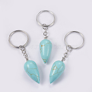 Synthetic Turquoise Keychain, with Iron Key Rings, Platinum, teardrop, 80.5mm, Pendant: 33.5x15.5mm(KEYC-P041-B03)