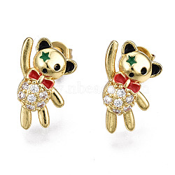 Brass Micro Pave Cubic Zirconia Stud Earrings, with Ear Nuts and Enamel, Nickel Free, Bear, Colorful, Real 16K Gold Plated, 16x10mm, Pin: 0.7mm(EJEW-T014-56G-NF)