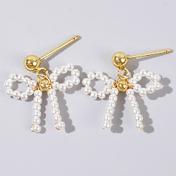 Bohemian Luxe Style Imitation Pearl Bowknot Stud Earrings, 2024 High Fashion Chic Trend, Golden, 20x25mm(LK2011-2)