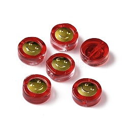Transparent Spray Painted Glass Beads, with Golden Brass Findings, Flat Round with Smile, Red, 11.5x4mm, Hole: 1.2mm(GLAA-I050-15I)