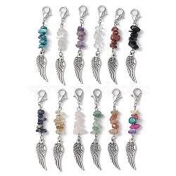 Natural & Synthetic Gemstone Chips Pendant Decorations, with Alloy Lobster Claw Clasps and Wing Pendant, 78~79mm, 12pcs/set.(HJEW-JM01147)