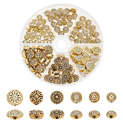 Elite 130pcs 6 Style Tibetan Style Alloy Beads, Flat Round, Antique Golden, 7~11x7~10x3~6mm, Hole: 1~1.5mm, 130pcs/box(FIND-PH0018-60)