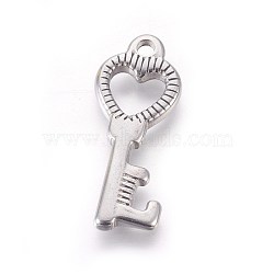 304 Stainless Steel Pendants, Key, Antique Silver, 26.5x10.5x2mm, Hole: 2mm(STAS-F187-41AS)