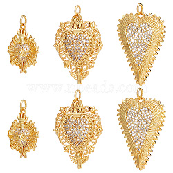 6Pcs 3 Style Rack Plating Brass Micro Pave Clear Cubic Zirconia Pendants, Long-Lasting Plated, with Jump Ring, Sacred Heart Charm, Real 18K Gold Plated, 23~31.5x18~24x2.5~4.3mm, Hole: 3~3.5mm, 2pcs/style(KK-BBC0012-98)