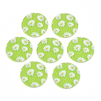 Transparent Printed Acrylic Pendants, with Glitter Powder, Flat Round with Daisy, Green Yellow, 38x2.5mm, Hole: 1.4mm