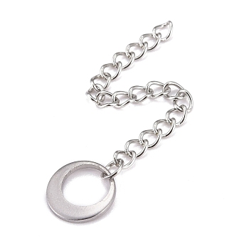 304 Stainless Steel Chain Extender, Curb Chain, with 202 Stainless Steel Charms, Ring, Stainless Steel Color, 60~65mm, Link: 3.7x3x0.5mm, ring: 10x1mm