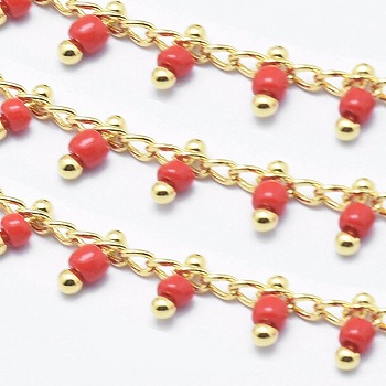Handmade Glass Beaded Chains, Soldered, with Spool, Brass Chain, Golden, Long-Lasting Plated, Red, 6x2mm, Chain: about 2mm wide, about 32.8 Feet(10m)/roll