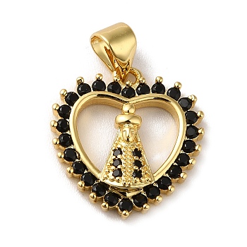 Rack Plating Brass Micro Pave Black Cubic Zirconia Pendants, Long-Lasting Plated, Lead Free & Cadmium Free, Heart with Saint Charm, Real 18K Gold Plated, 17x16x3.5mm, Hole: 5x3.5mm