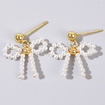 Bohemian Luxe Style Imitation Pearl Bowknot Stud Earrings, 2024 High Fashion Chic Trend, Golden, 20x25mm