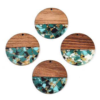 Transparent Resin & Walnut Wood Pendants, with Gold Foil, Flat Round Charms, Tomato, 38.5x3mm, Hole: 2mm