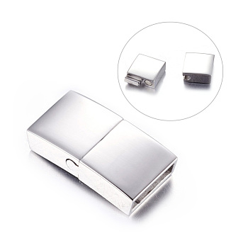 304 Stainless Steel Magnetic Clasps with Glue-in Ends, Rectangle, Stainless Steel Color, 23x12x5mm, Hole: 3x10mm.
