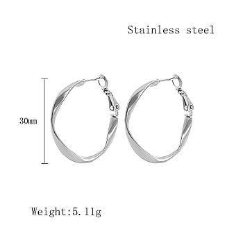 Stainless Steel Hoop Earrings for Women, Stainless Steel Color, Twist, 30mm